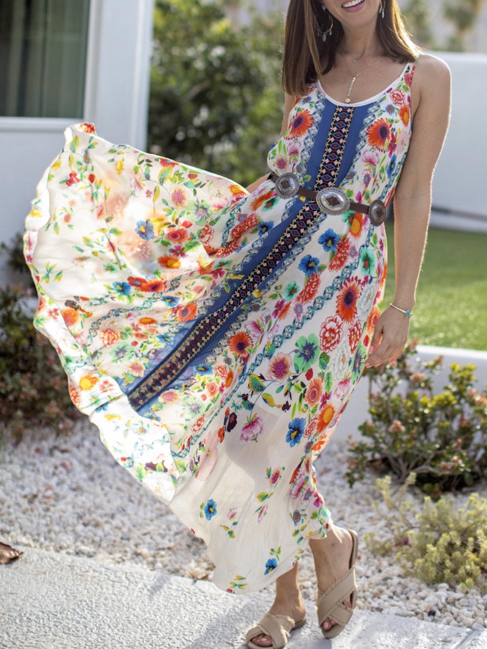 Johnny Was Floral Maxi Dress/ Cover up in White, Blue, Orange and Green.